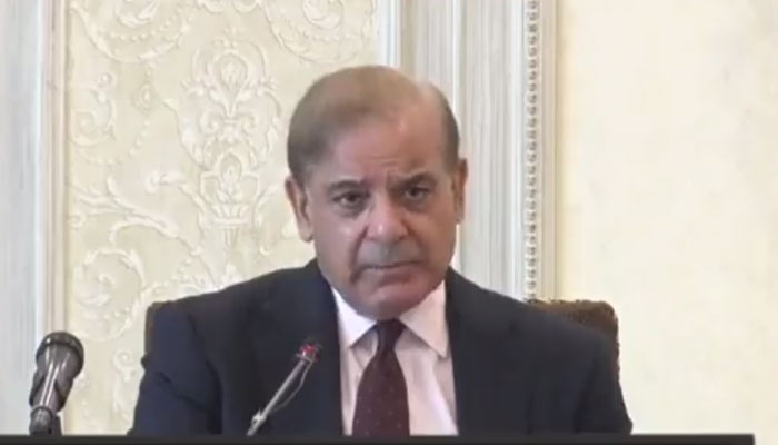 PM Shehbaz Sharif chairing a review meeting of National Flood Response and Coordination Centre. — Screengrab