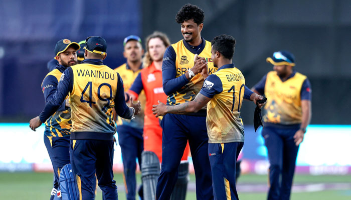 Sri Lanka players celebrate their win during the ICC mens Twenty20 World Cup 2022 match between Netherlands and Sri Lanka at Kardinia Park in Geelong on October 20, 2022. — AFP