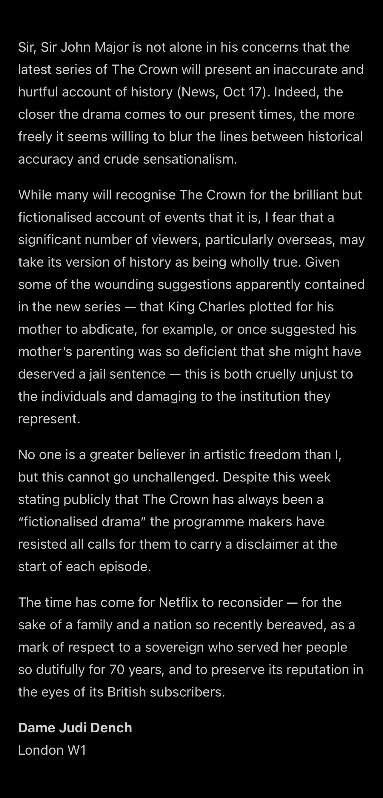 Full text of Dame Judis letter about The Crown