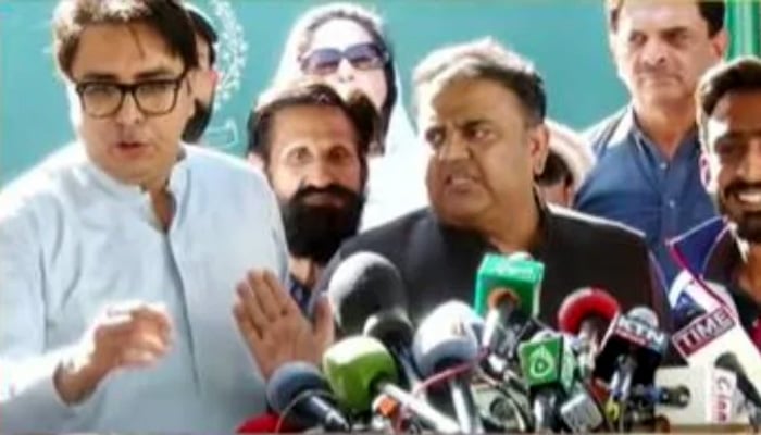 PTI leader Fawad Hussain Chaudhry speas to media outside ECP office in Islamabad. —Screengrab