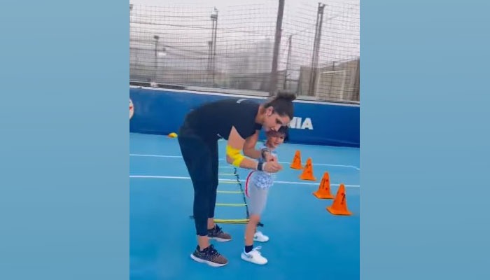 In this picture, Sania Mirza could be seen imparting some tennis skills to her three-year-old son, Izhaan Mirza-Malik. — Instagram/@mirzasaniar