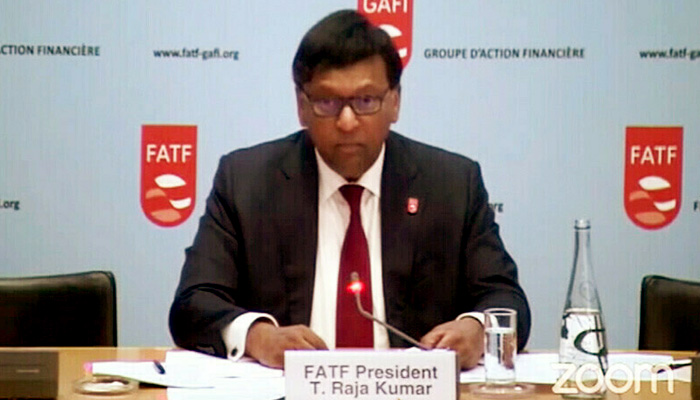 FATF President Raja Kumar addresses a press conference on Friday. — Screenngrab