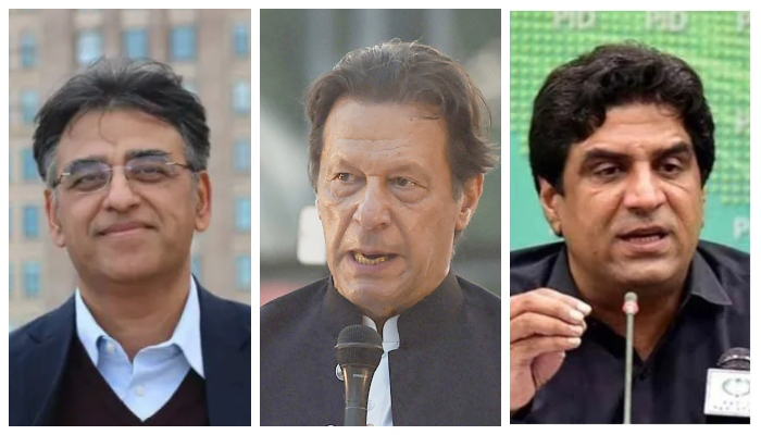 PTI Chairman Imran Khan, party leaders Asad Umar and Ali Nawaz. — PTI/AFP/PID