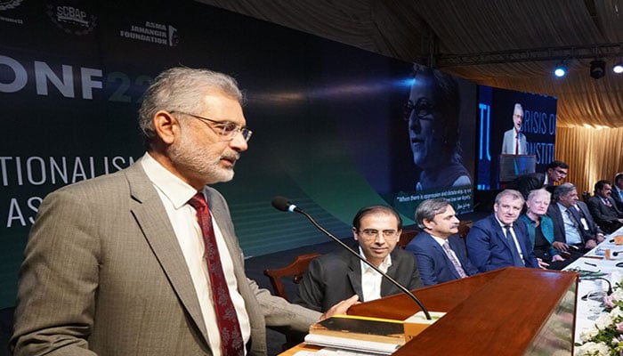 Justice Qazi Faez Isa addresses Asma Jehangir conference in Lahore.— Twitter