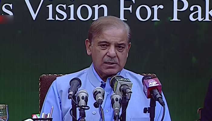 Prime Minister Shehbaz Sharif addresses a press conference in Islamabad. — Screengrab/PTV News Live/YouTube