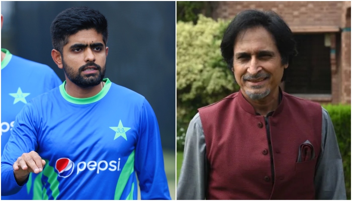 Pakistan captain Babar Azam (L) and PCB Chief Ramiz Raja. — PCB/AFP/File