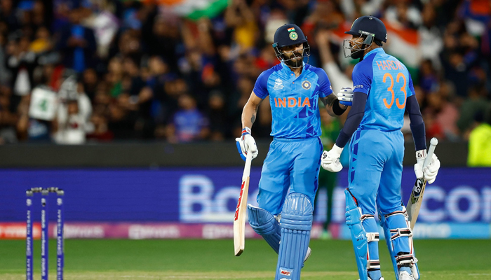 Indias Virat Kohli and Hardik Panya bump fists during the opening T20 World Cup match against India at the Melbourne Cricket Ground (MCG), Australia, on October 23, 2022. — Twitter/BCCI