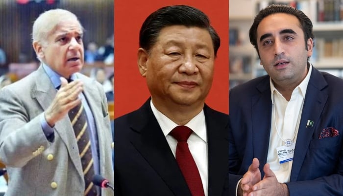 (L to R) PM Shehbaz Sharif, Chinese President Xi Jinping, and FM Bilawal Bhutto Zardari. — AFP/Reuters/File