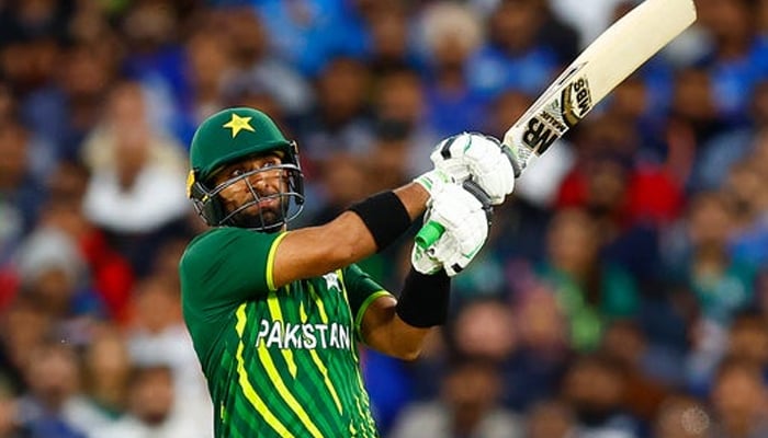 Pakistani batter Iftikhar Ahmed hits a shot during a T20 World Cup match against India at the Melbourne Cricket Ground (MCG) in Australia, on October 23, 2022. — Twitter