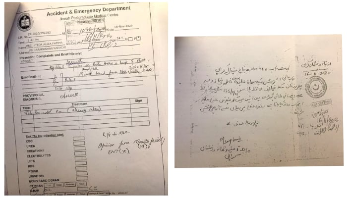 تصاویر، جو عدالتی ریکارڈ کا حصہ ہیں، جن میں علیزہ سلطان خان کی اپنے سابق شوہر، فیروز خان کے ہاتھوں گھریلو تشدد کو ثابت کرنے والی طبی قانونی رپورٹس کو دکھایا گیا ہے۔