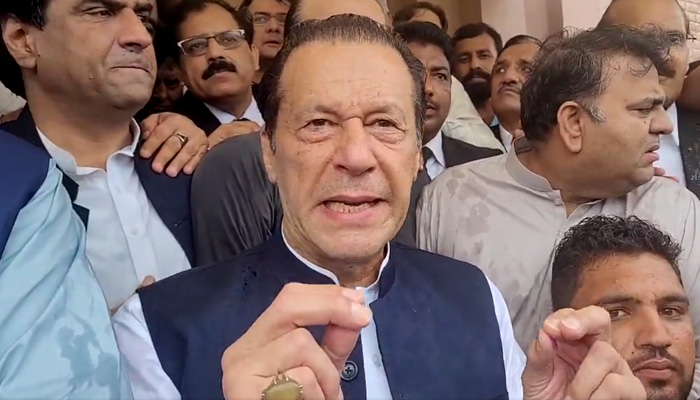 PTI Chairman Imran Khan speaks to media after a court appearance in Islamabad. Screengrab.