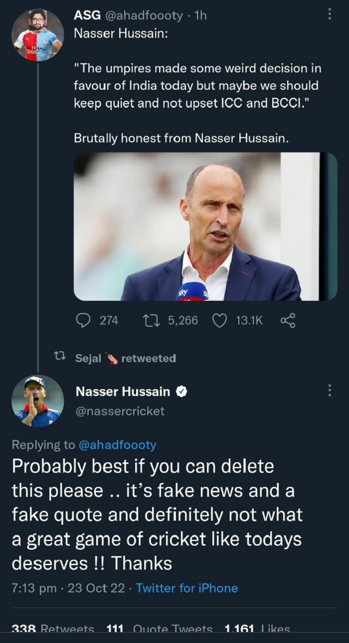 Fact-check: Nasser Hussain did not accuse umpires of favouring India