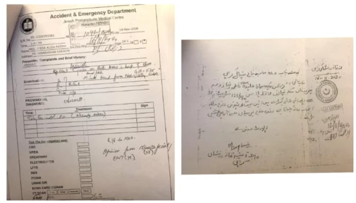 Images, which are a part of the courts record, showing the medico-legal reports of Aliza Sultan Khan, proving she was subjected to physical abuse.