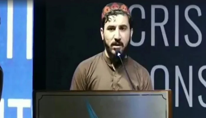 Pashtun Tahaffuz Movement (PTM) chief Manzoor Pashteen speaking at the Asma Jahangir Conference in Lahore on Sunday. — Screengrab