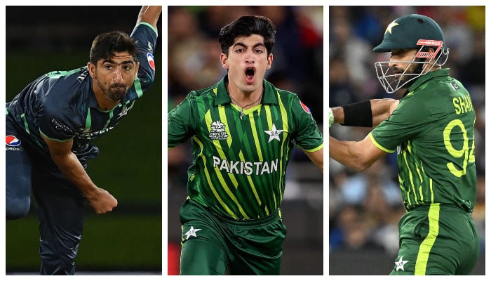 (L to R) Shahnawaz Dahani bowls during the second cricket match between New Zealand and Pakistan in the T20 tri-series at Hagley Oval in Christchurch on October 8, 2022, Naseem Shah reacts during the ICC mens T20 World Cup 2022 cricket match between India and Pakistan at Melbourne Cricket Ground (MCG) in Melbourne on October 23, 2022, and Shan Masood plays a shot during the ICC mens T20 World Cup 2022 match between India and Pakistan at MCG on October 23, 2022. — AFP