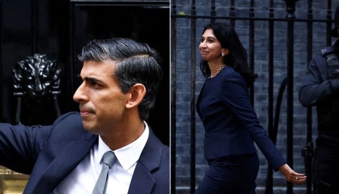 Britains new Prime Minister Rishi Sunak (l), Suella Braverman walks outside Number 10 Downing Street, in London, Britain on Oct 25, 2022 (r).— Reuters