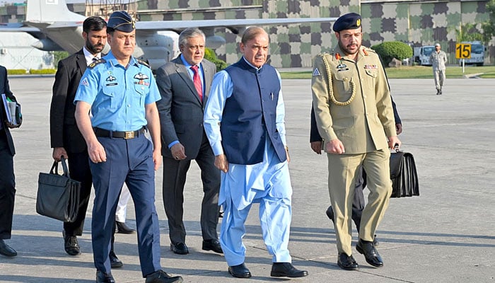 Prime Minister Shahbaz Sharif at the Nur Khan Airbase. — APP/File