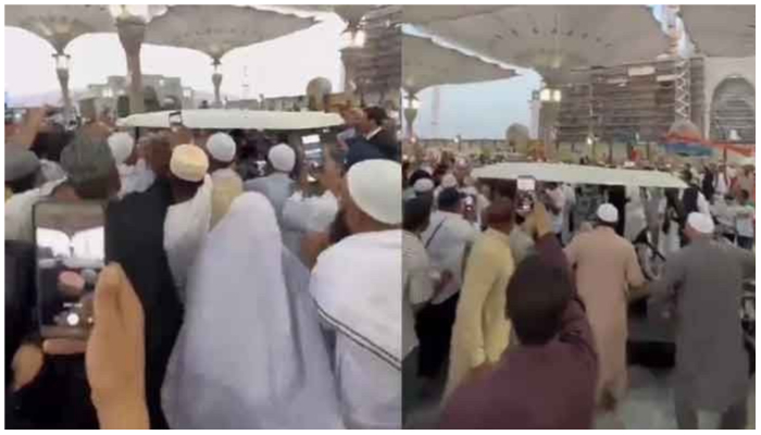 Screenshots from viral social media videos showing groups of men and women at the Masjid-e-Nabawi (PBUH) while protesting the arrival of a PML-N delegation at the holy mosque back in April 2022. — Twitter