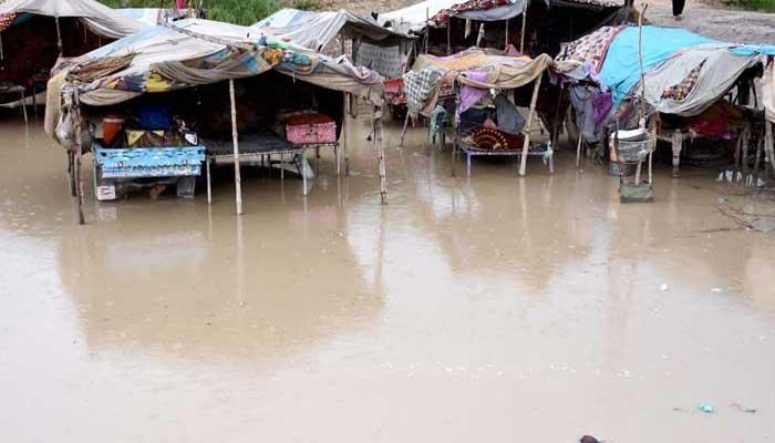 A view of huts submerged in rainwater in Larkana on Thursday. — APP