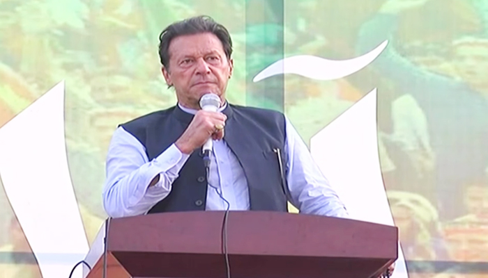 PTI Chairman Imran Khan addresses a party event in Sialkot, on October 26, 2022, as he rallies his supporters for Fridays long march to Islamabad. — YouTube/PTI