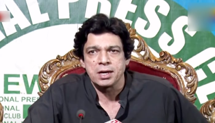 PTI leader Faisal Vawda addressing a press conference in Islamabad to reveal facts related to the murder of journalist Arshad Sharif. — Screengrab via YouTube/ PTV News Live