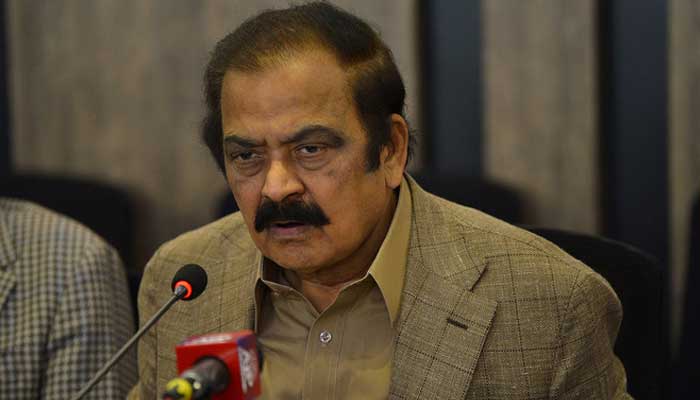 Interior Minister Rana Sanaullah addressing a press conference in this undated photo. — AFP/File