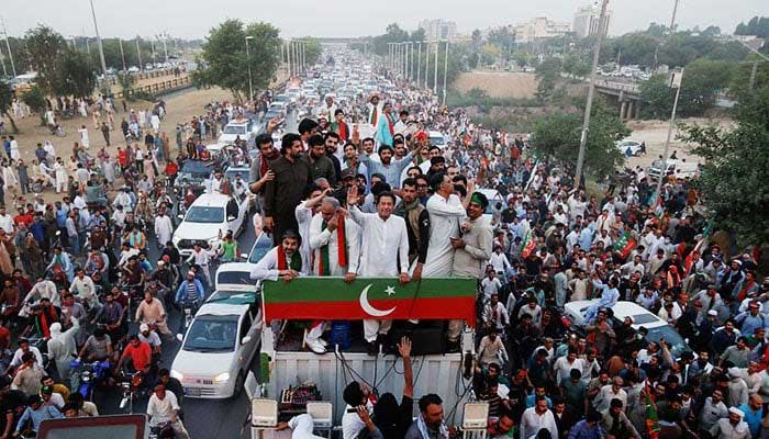 PTI Chairman Imran Khan leads partys Azadi March headed toward Islamabad on May 25, 2022. — Reuters/File