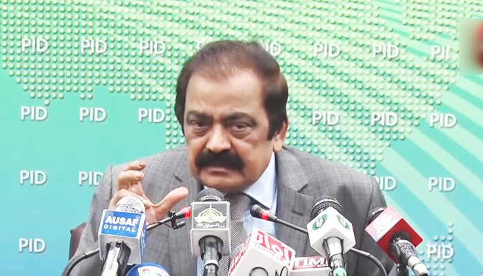 Interior Minister Rana Sanaullah Khan addresses a press conference at the Press Information Department in Islamabad, on October 27, 2022. — YouTube/PTVNewsLive