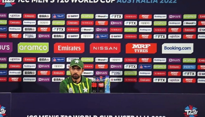 Pakistan skipper Babar Azam speaks to journalists in Perth, Australia, after suffering a defeat at the hands of Zimbabwe, on October 27, 2022. — Photo by author