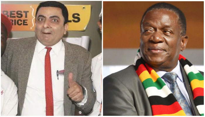 Fake Mr Bean (L) andPresident of Zimbabwe Emmerson Damdudzo Mnangagwa (R). — Twitter/AFP