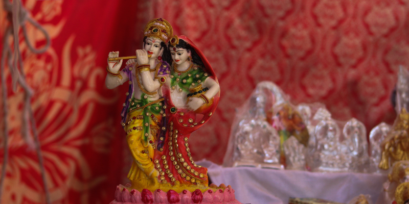 A Radha-Krishna figurine placed on a stall inside the Shri Swaminarayan temple’s compound. — Photo by author
