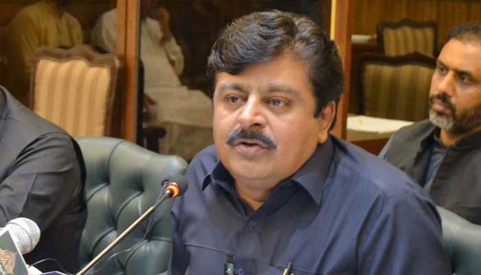 Sindh Minister for Education, Culture, Tourism and Archeology, Syed Sardar Shah addresses media persons during a press conference held at Shahbaz Hall in Hyderabad on Saturday, September 24, 2022. — PPI/File