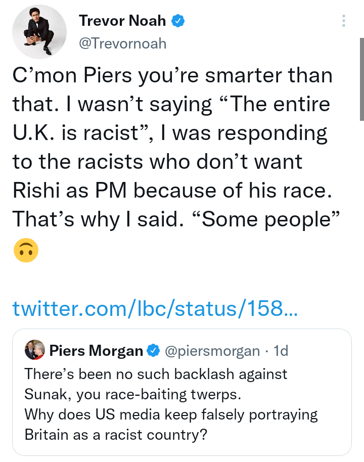 Piers Morgan calls out Trevor Noah for his remarks against UK