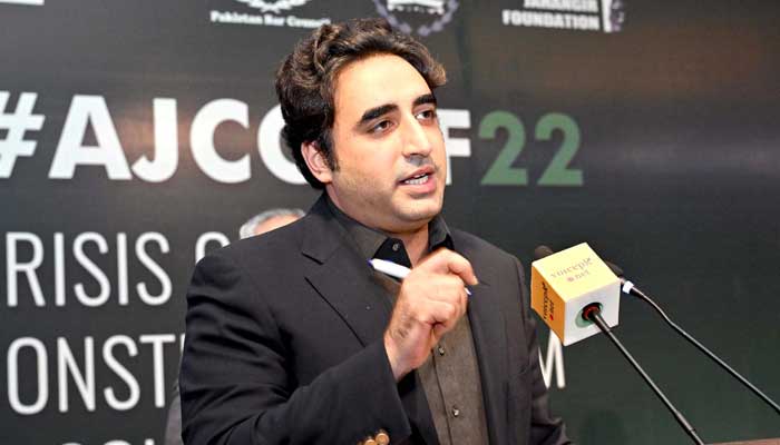 Federal Foreign Minister and PPP Chairman, Bilawal Bhutto Zardari addresses a gathering during the Asma Jahangir Conference 2022, held at local hotel in Lahore on Sunday, October 23, 2022. — PPI/File
