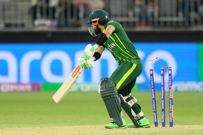 Pakistan Mohammad Rizwan bowls out during their match against Zimbabwe in Perth, Australia, on October 27, 2022. — AFP