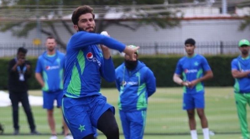 Pakistans Shaheen Shah Afridi takes part in a training session ahead of their match against the Netherlands in Perth, Australia, on October 28, 2022. — PCB