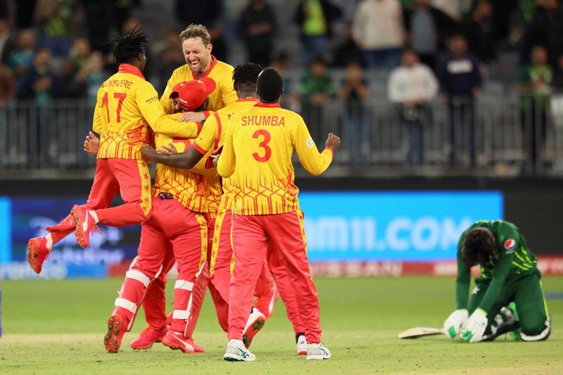 Zimbabwean players celebrate their victory after winning the match against Pakistan in Perth, Australia on October 27, 2022. — AFP/File