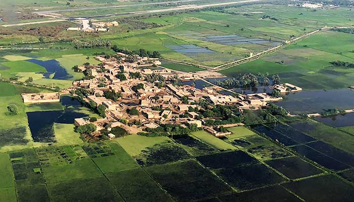 This aerial picture shows a flooded area on the outskirts of Sukkur, Sindh province, on September 10, 2022. — AFP/File