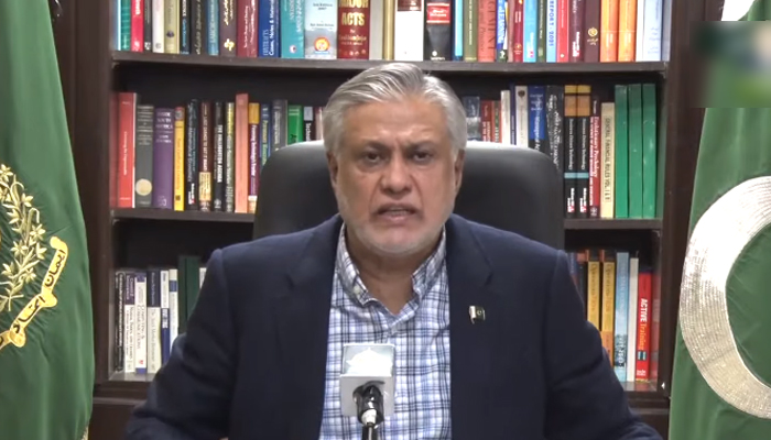 Finance Minister Ishaq Dar speaking during a televised address in Islamabad, on October 31, 2022. — YouTube/PTVNewsLive