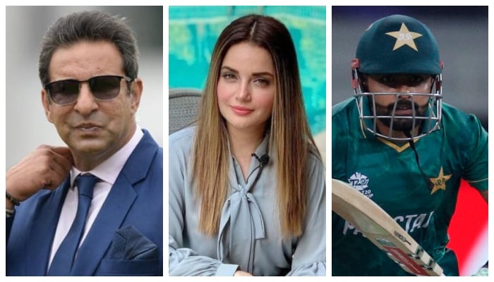 (L to R) Wasim Akram, Armeena Khan, Babar Azam. — Instagram/Reuters/File