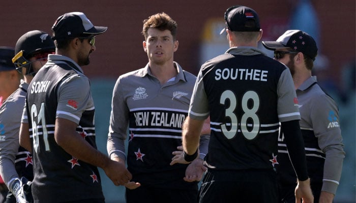 New Zealand players celebrate after dismissing an Ireland batter. — ICC/Twitter