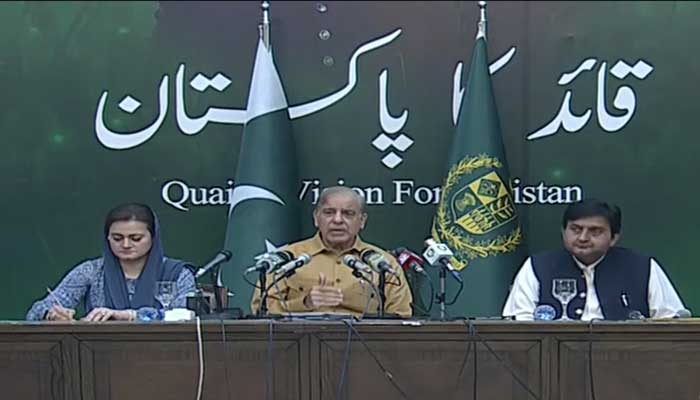 Prime Minister Shehbaz Sharif addresses a presser in Lahore. — PTV News Live/YouTube
