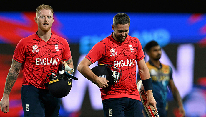 Englands Ben Stokes (L) and Englands Chris Woakes react after their victory in the ICC mens Twenty20 World Cup 2022 cricket match between England and Sri Lanka at the Sydney Cricket Ground (SCG) on November 5, 2022. — AFP