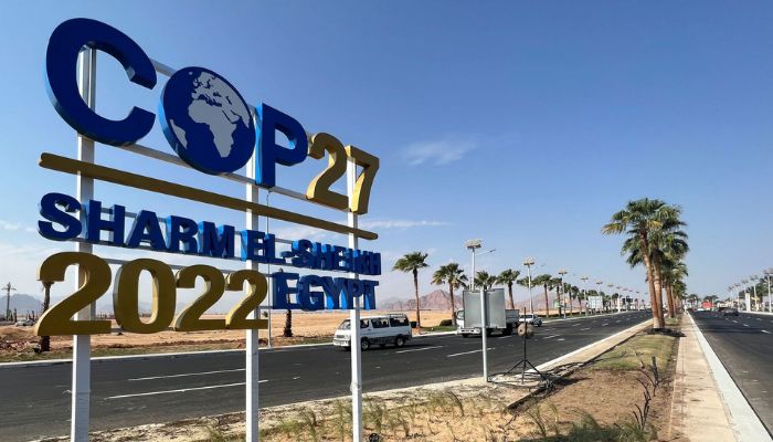 View of a COP27 sign on the road leading to the conference area in Egypt’s Red Sea resort of Sharm el-Sheikh town as the city prepares to host the COP27 summit next month, in Sharm el-Sheikh, Egypt, October 20, 2022.— Reuters