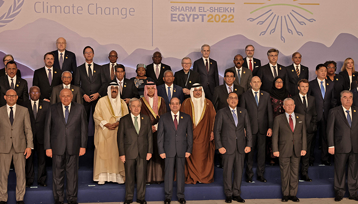 Participating world leaders stand for a commemorative group picture ahead of their summit at the COP27 climate conference, in Egypts Red Sea resort city of Sharm el-Sheikh, on November 7, 2022. — AFP