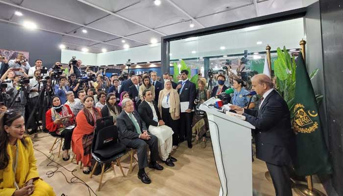 Prime Minister Shehbaz Sharif speaks at the Pakistan Pavilion in the presence of United Nations Secretary-General António Guterres during the ongoing Climate Implementation Summit in Egypt. — Twitter/Sherry Rehman/