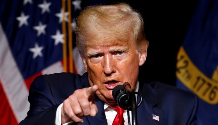 Former U.S. President Donald Trump points at the media while speaking at the North Carolina GOP convention dinner in Greenville, North Carolina, U.S. June 5, 2021.— Reuters