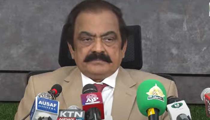 Interior Minister Rana Sanaullah addresses a presser in Islamabad. — Screengrab/PTV News Live/YouTube