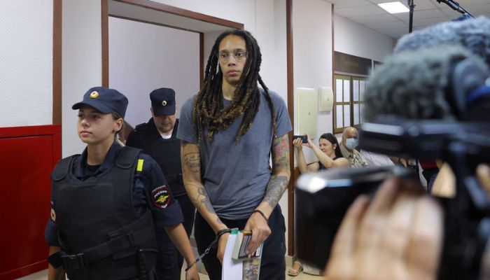 US basketball player Brittney Griner, who was detained at Moscows Sheremetyevo airport and later charged with illegal possession of cannabis, walks after the final statements in a court hearing in Khimki outside Moscow, Russia August 4, 2022.— Reuters