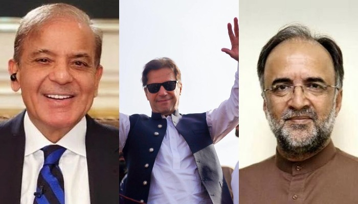Image collage of Prime Minister Shehbaz Sharif, PTI Chairman Imran Khan, and PPP leader Qamar Zaman Kaira. — Twitter/ Instagram